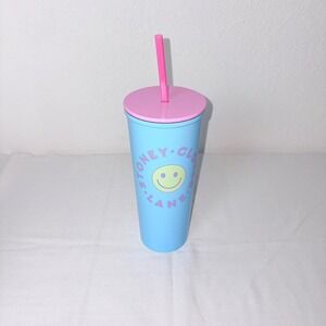 Stoney Clover Lane Blue Smiley Face Travel Tumbler Cup Pink‎ Straw Lid